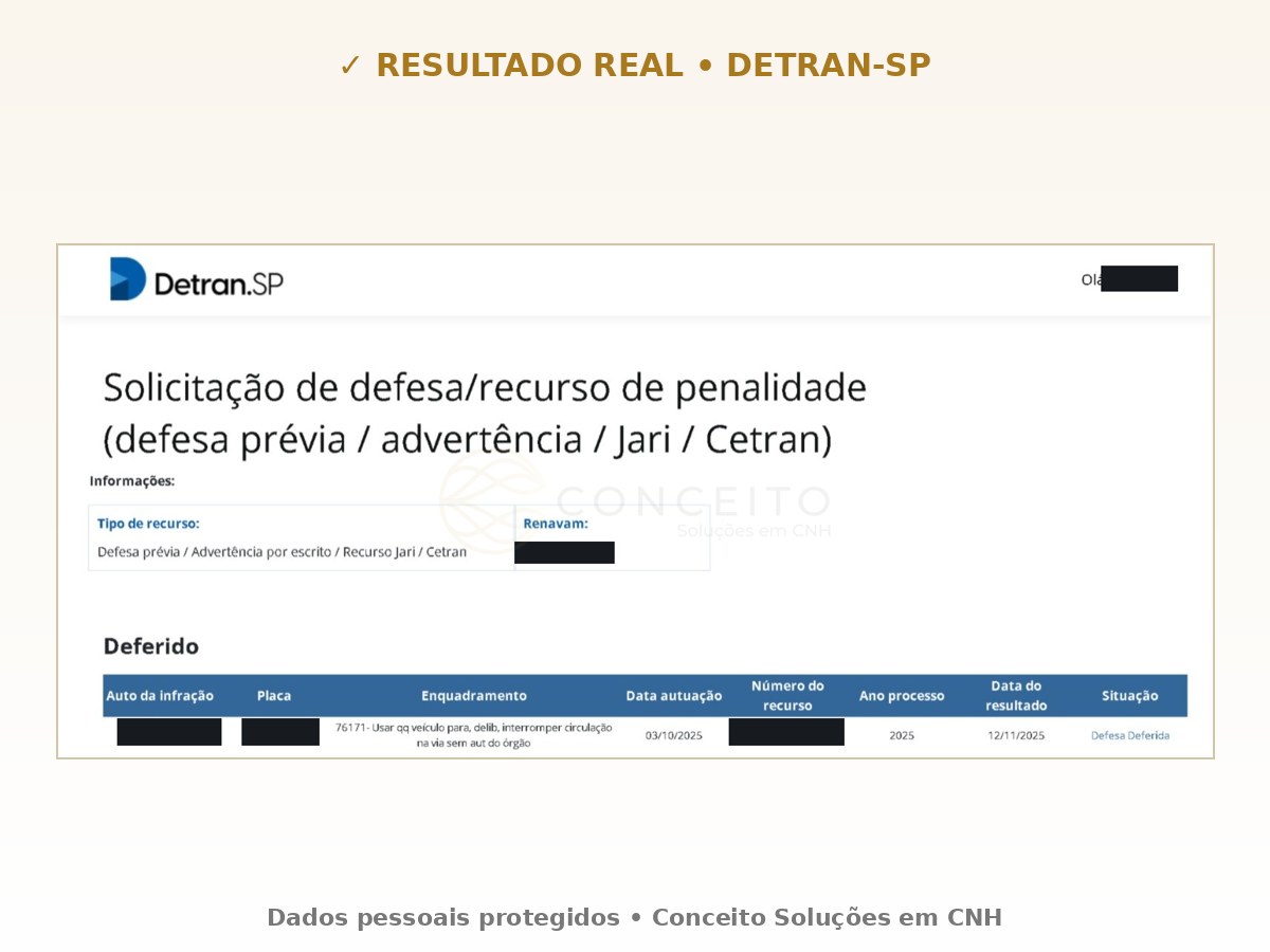 Deferimento real de recurso de bloqueio de via no DETRAN-SP, com dados pessoais protegidos
