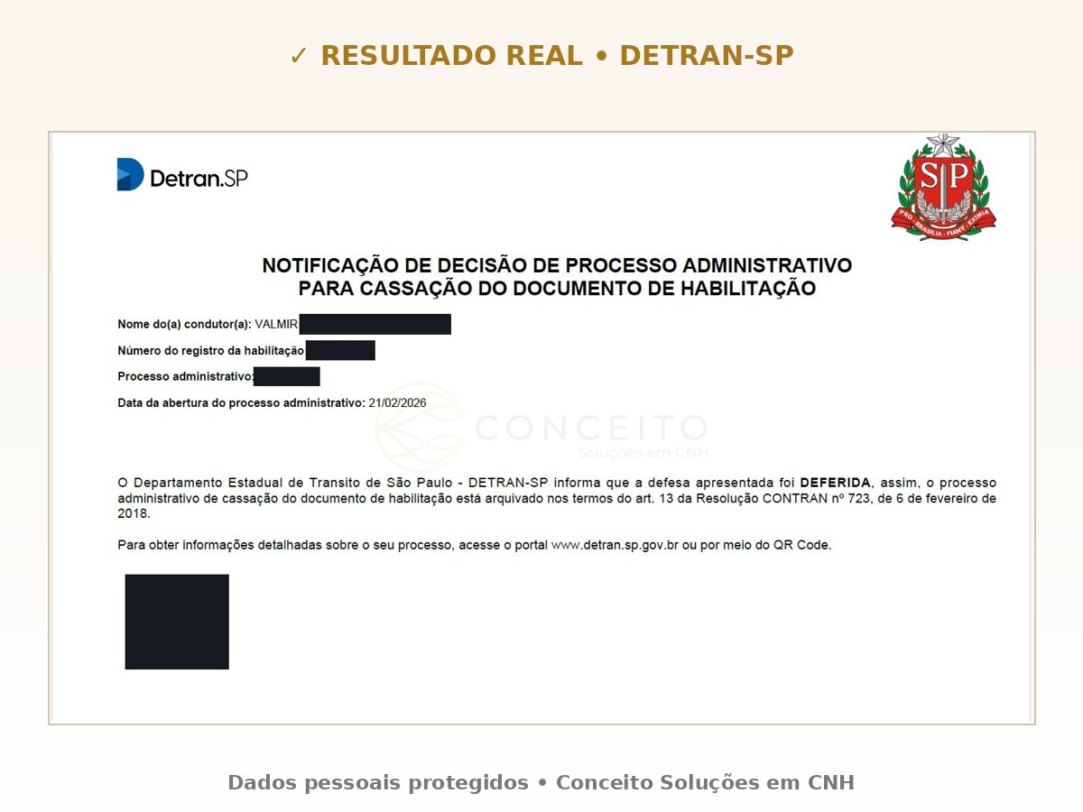 Notificação real de defesa deferida em processo de cassação da CNH no DETRAN-SP, com dados pessoais protegidos